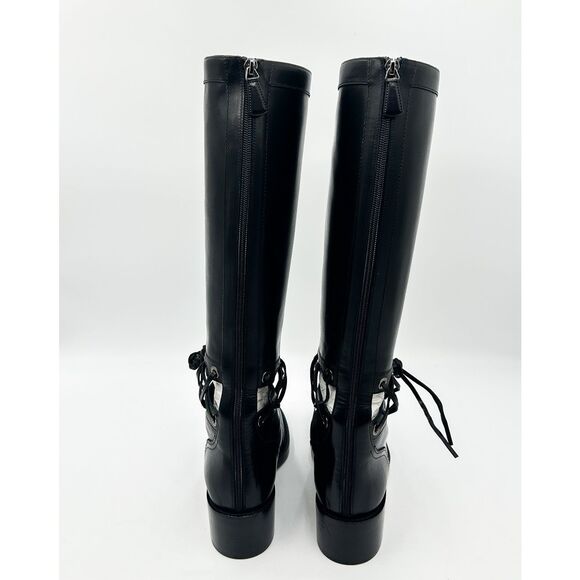 Chanel Knee High Boots Cap Toe Black Leather Lace Up Cutout - Picture 8 of 16